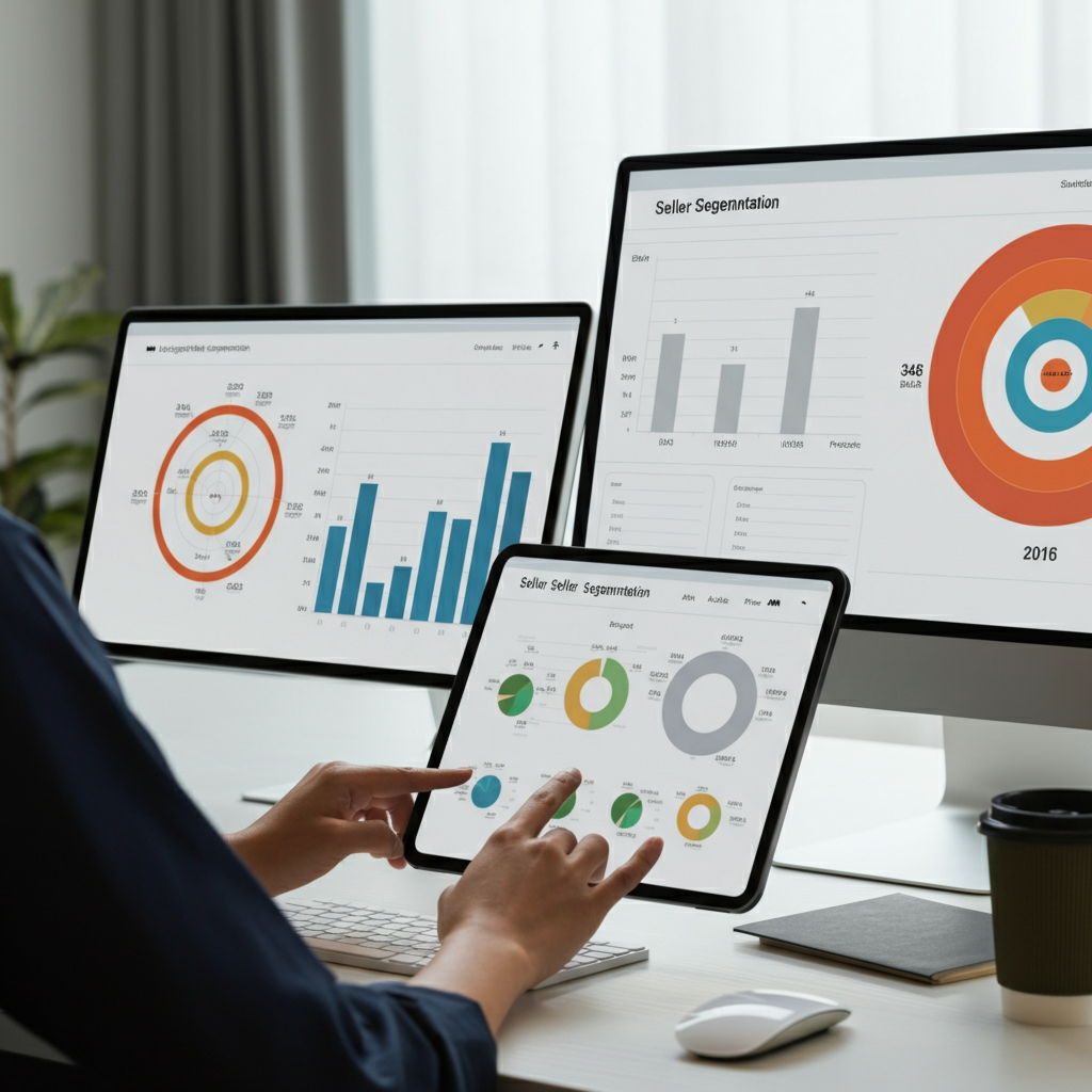 Hands using digital devices to review Amazon seller segmentation charts and outreach analytics, illustrating Segmentation Targeting And Positioning concepts.