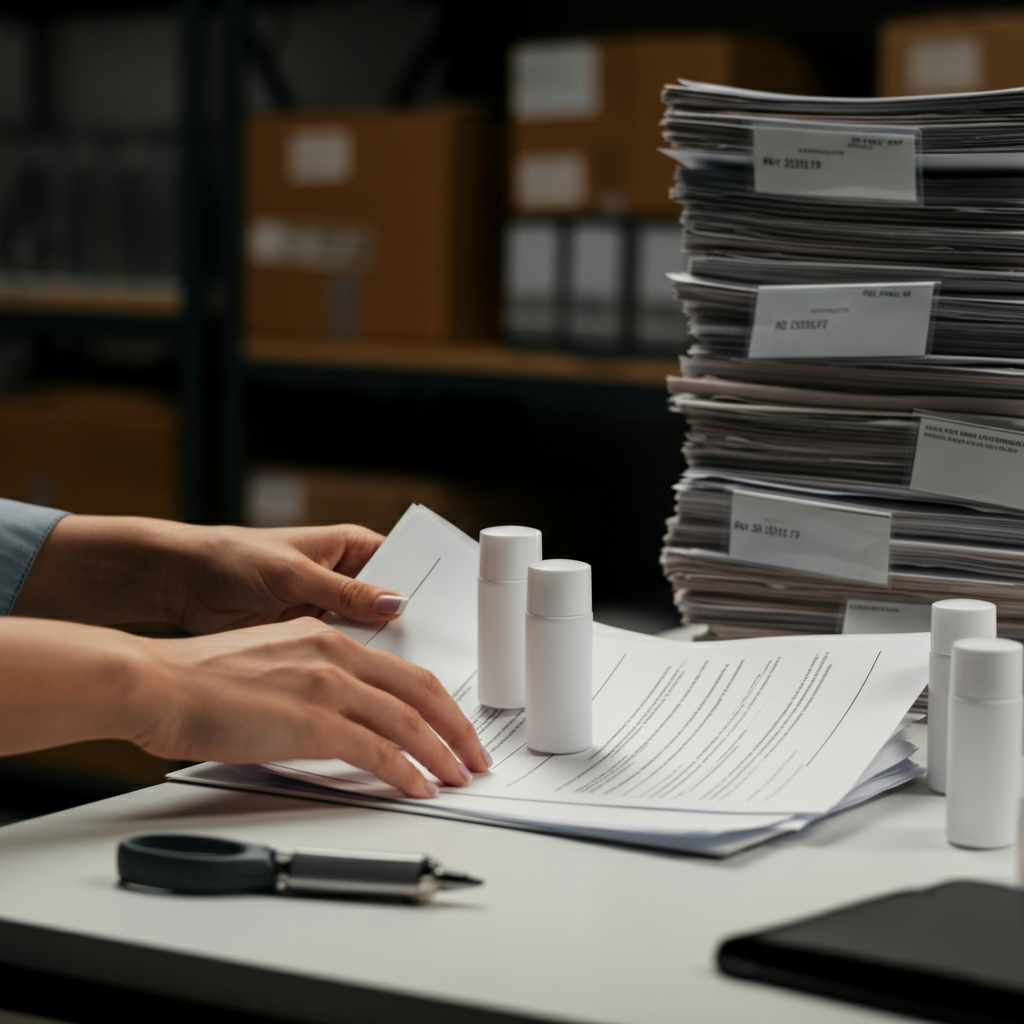 Hands reviewing cosmetic packaging and compliance paperwork in a British warehouse, illustrating the importance of a Cosmetic Responsible Person for Amazon FBA brands.