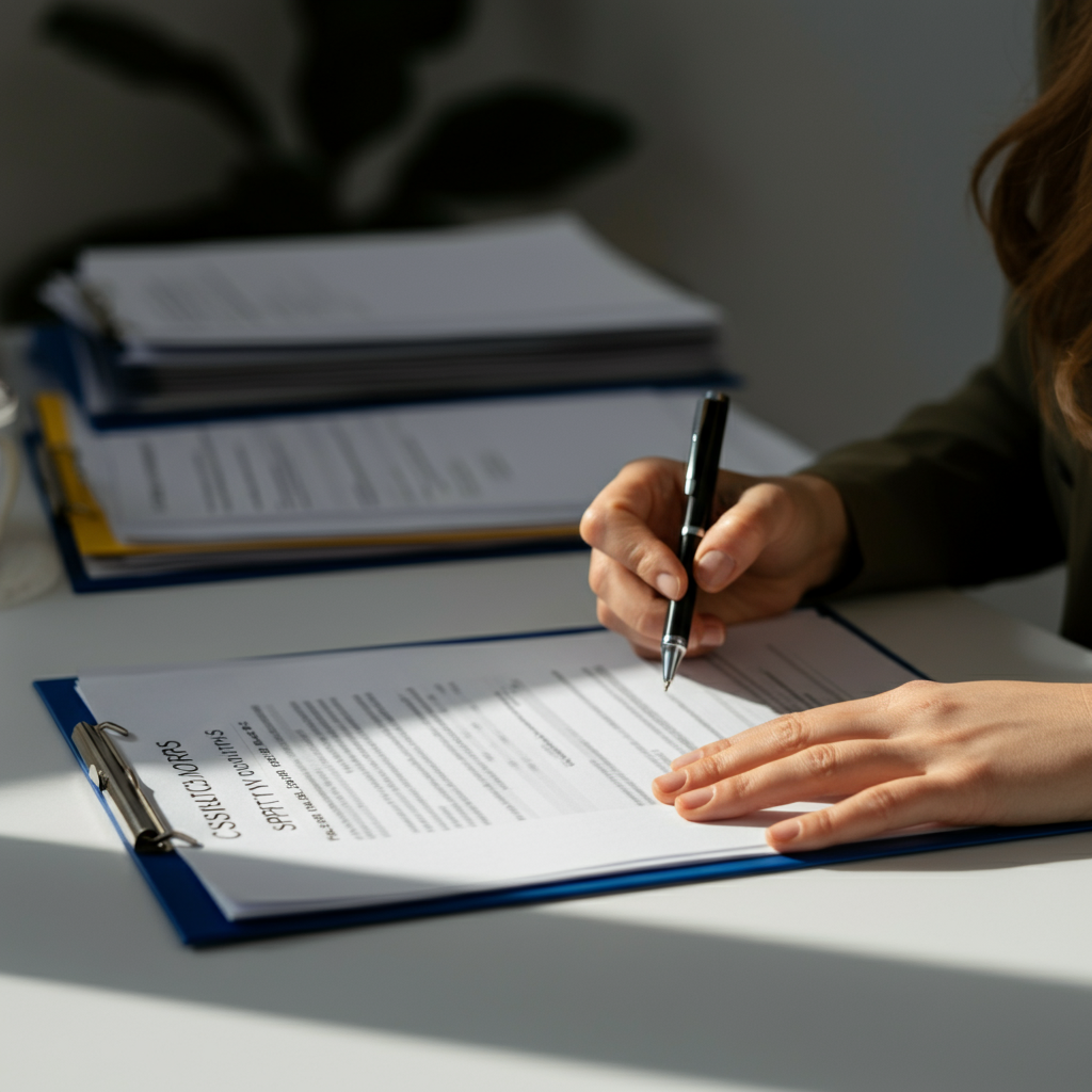 Organized office table displaying cosmetic regulatory folders, safety reports, and CPNP notification files for a Cosmetic Responsible Person's compliance tasks.