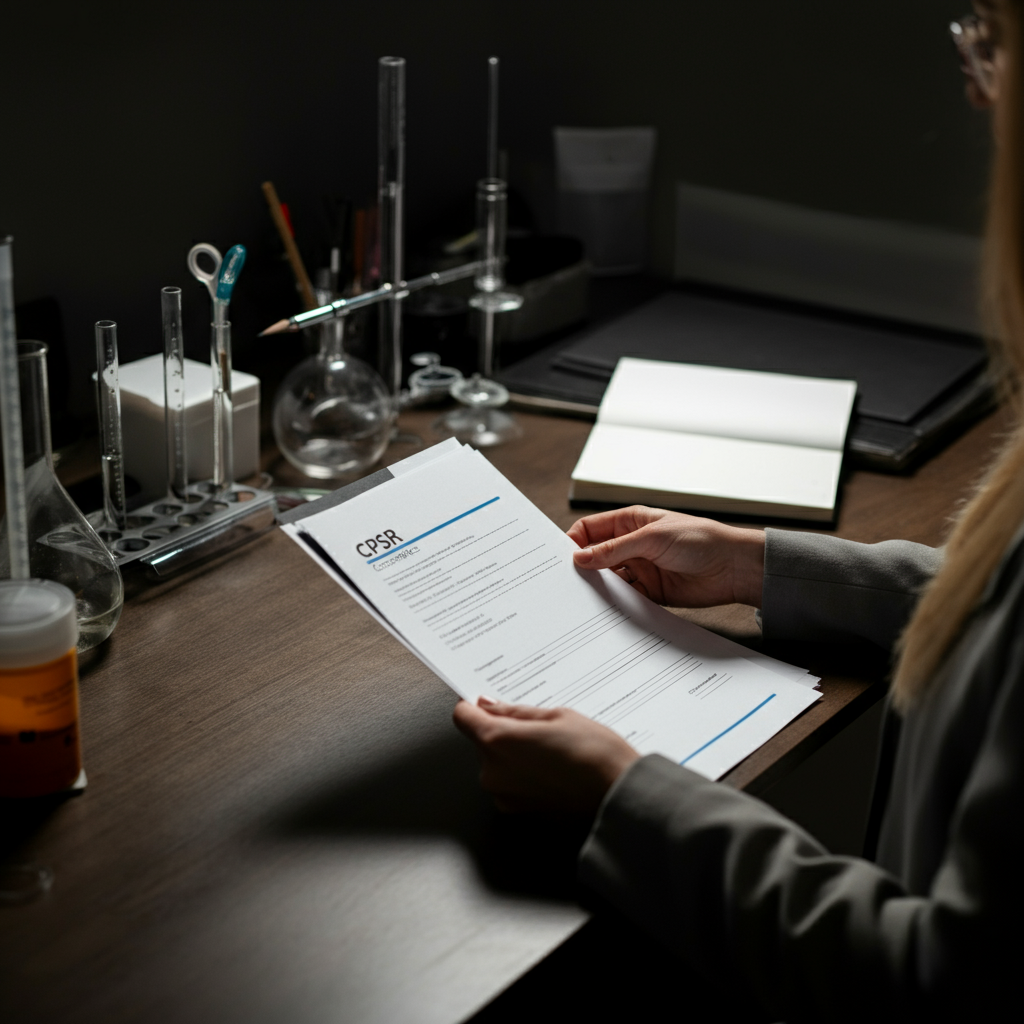 Hands reviewing Cpsr Cosmetics safety documents and compliance files for indie beauty brands preparing for the 2026 deadline.