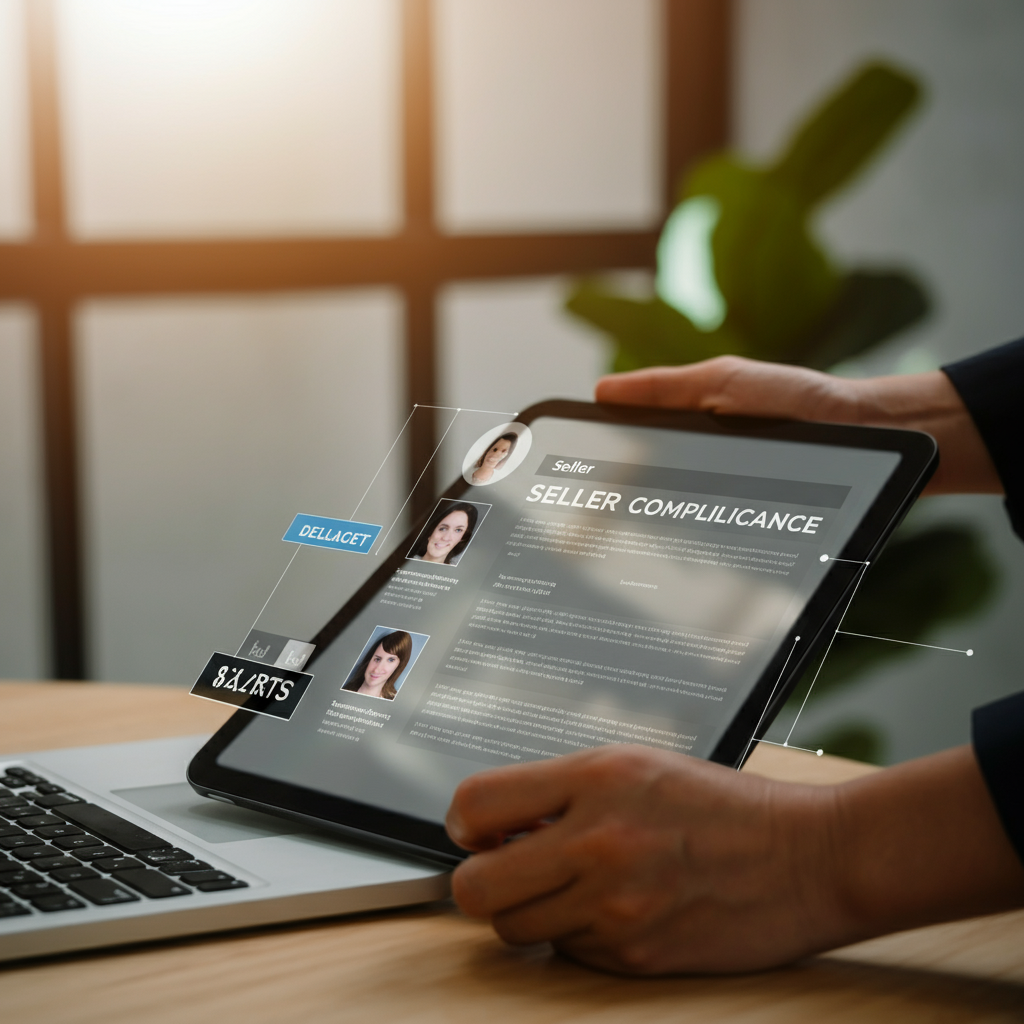 Hands reviewing VAT certificates and compliance checklists alongside a digital Amazon seller profile, illustrating Market Targeting Meaning in seller compliance.