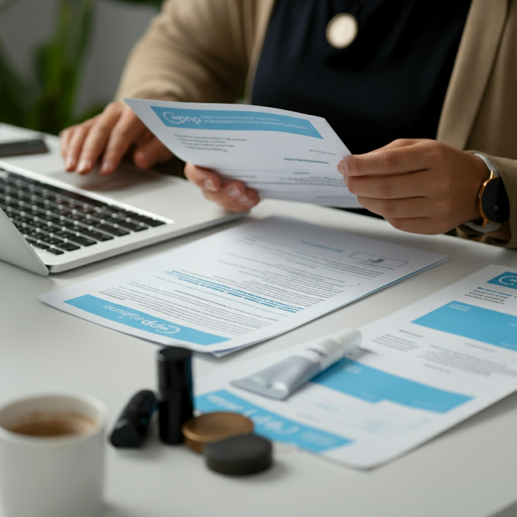 Hands of a Shopify seller organize Cpnp Cosmetics notification documents and product samples on a well-lit desk, highlighting EU compliance diligence.