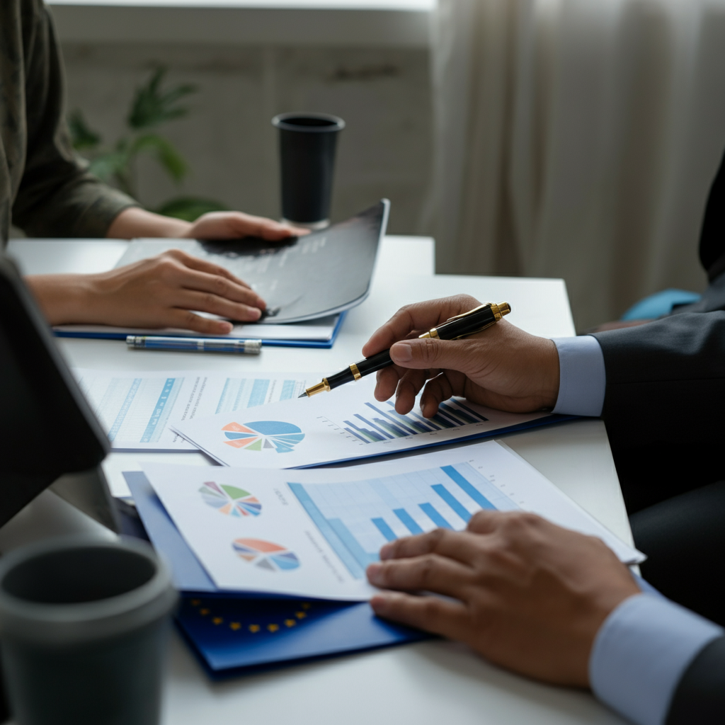 Business professionals' hands reviewing segmentation reports and compliance checklists, highlighting Target market segmentation for EU compliance.