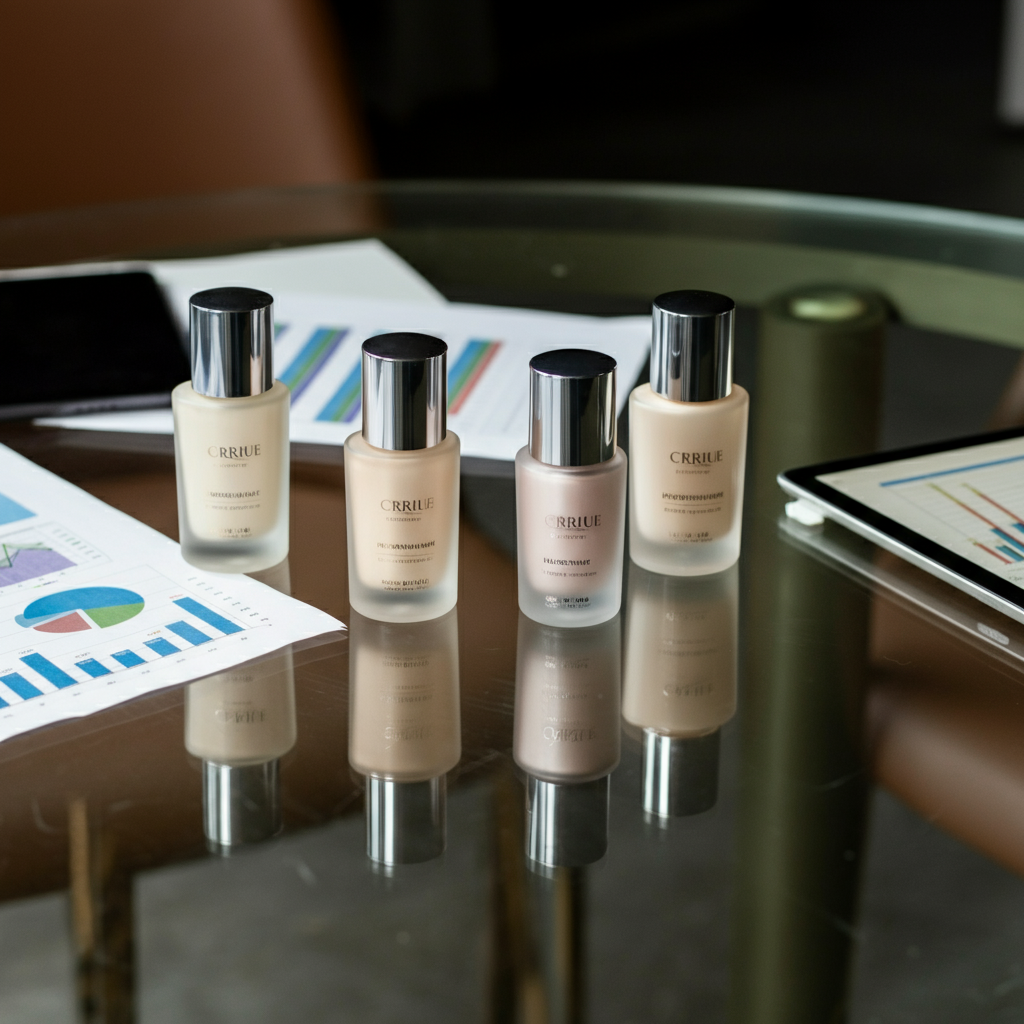 Overhead view of five cosmetic products with financial documents and a tablet, illustrating Eu Cpnp notification costs for 5 SKUs in a business setting.