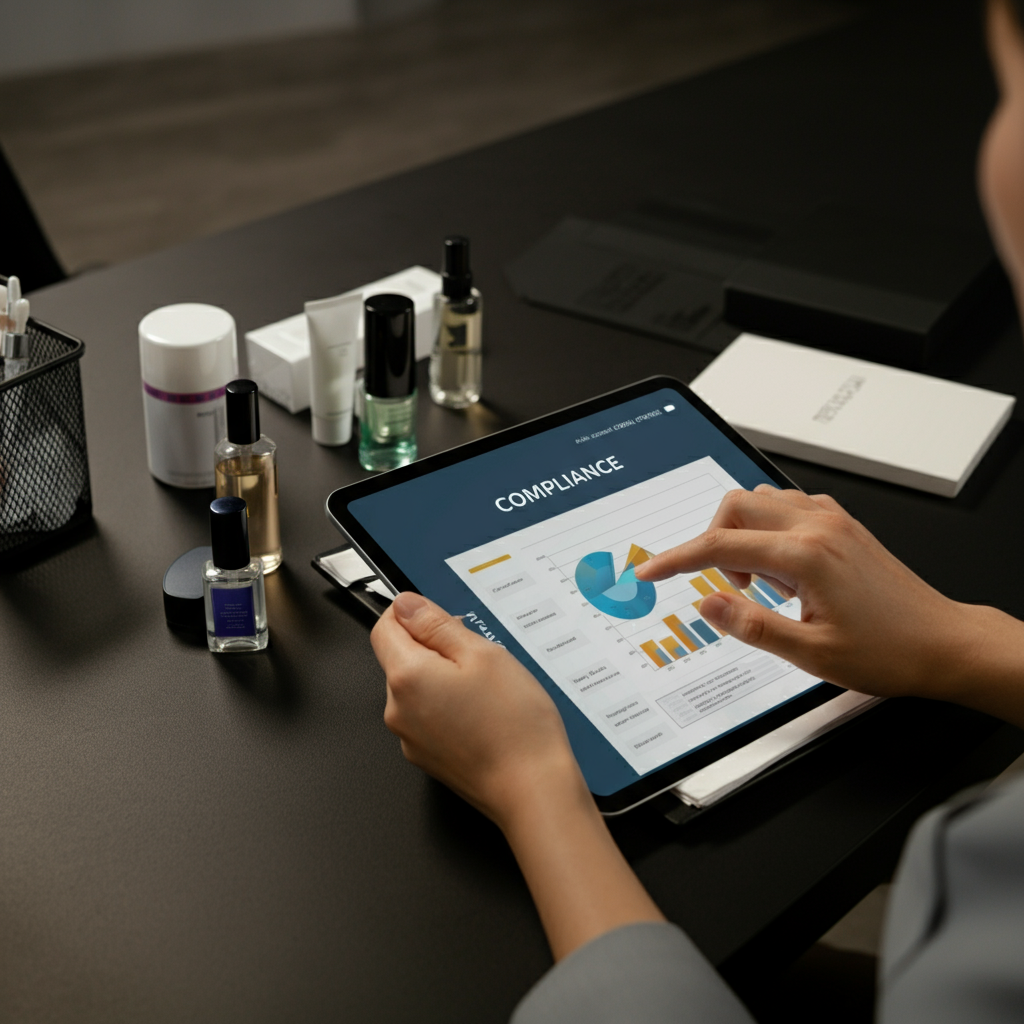 Hands of a compliance officer using a tablet to review cosmetic product packaging and regulatory documents for Regulation 1223/2009 compliance.