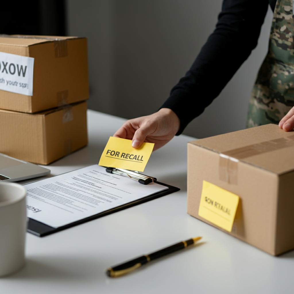 Hands arranging cosmetic product boxes and compliance paperwork to illustrate Cosmetic Compliance failures and recall risk for Amazon sellers.