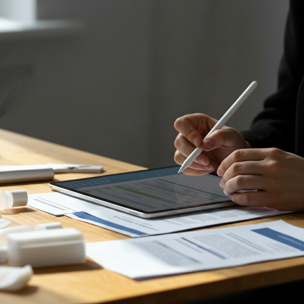Cosmetic regulatory paperwork and product samples with a tablet displaying compliance charts, illustrating UK post-Brexit Cosmetic Industry Regulations.