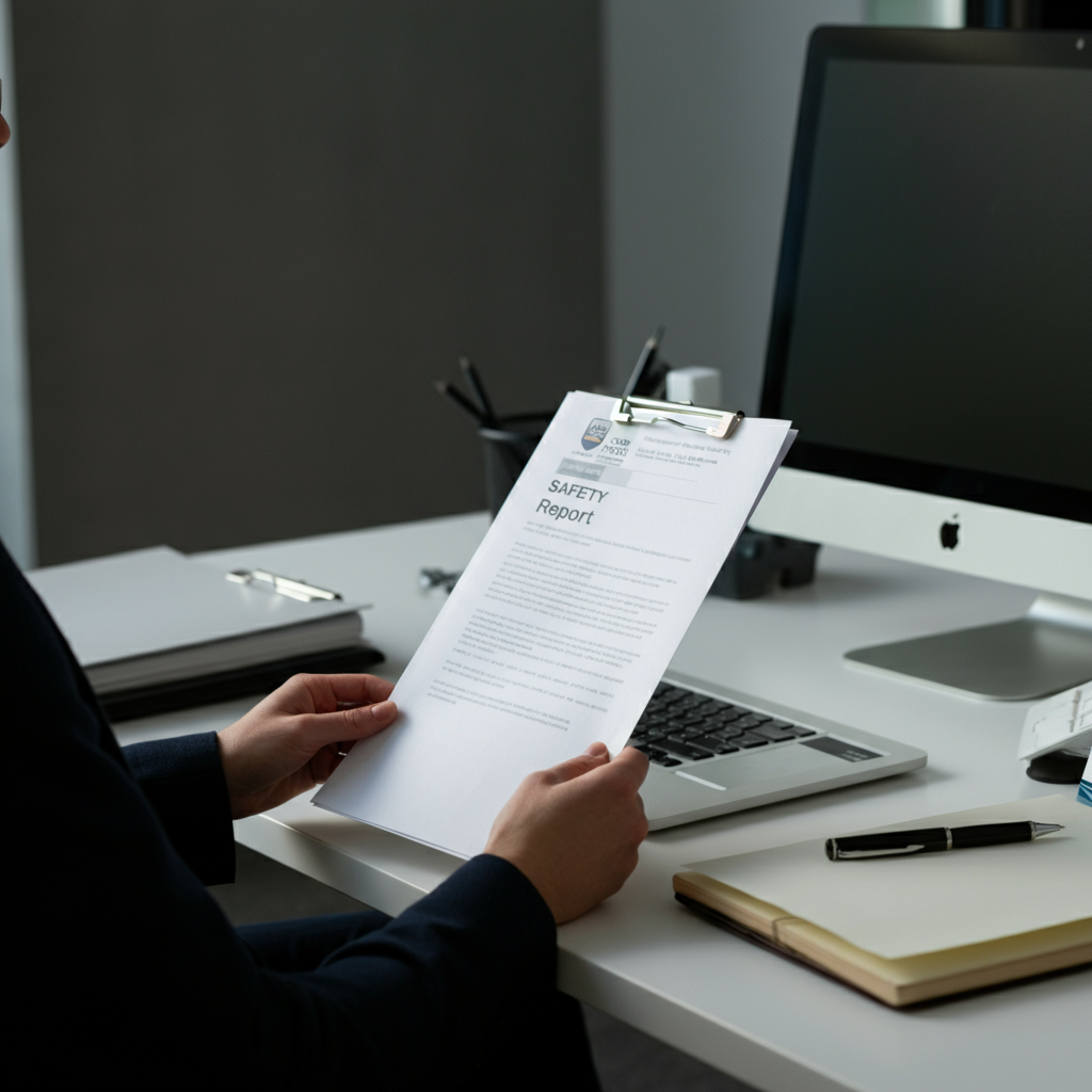 Hands reviewing a Cpsr Cosmetics product safety report over a desk with compliance folders and cosmetic packaging, illustrating the documentation process.