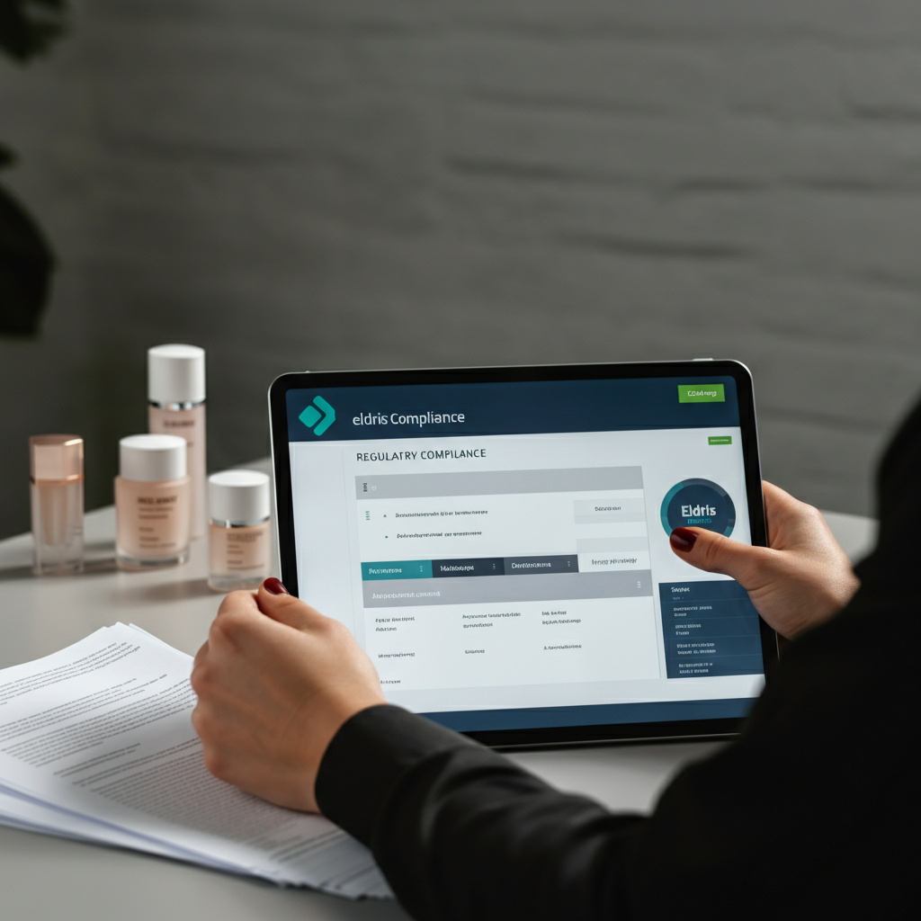 Hands holding EU cosmetics compliance documents beside a tablet with compliance software, highlighting Ec No 1223 2009 comparison for 2026.