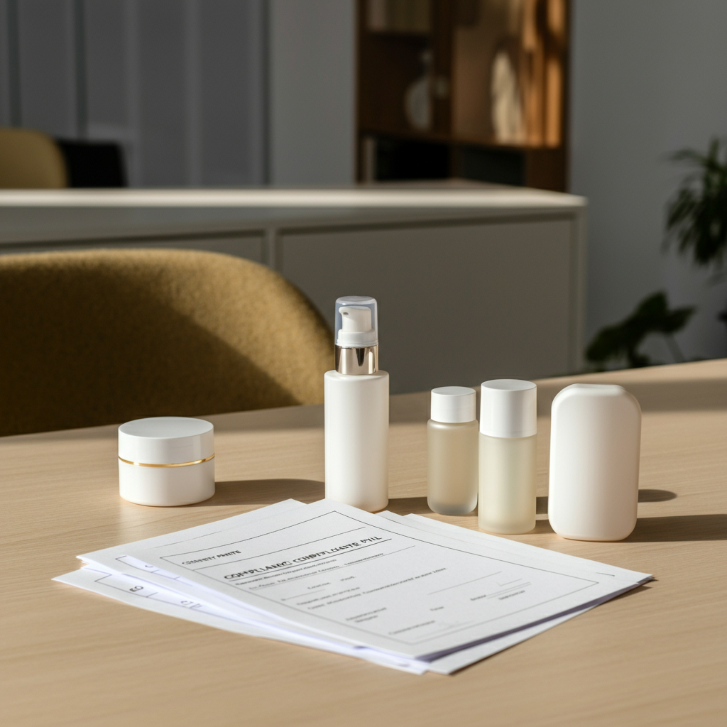 Hands reviewing a compliance checklist with cosmetic products and safety certificates on a desk, illustrating EU Cosmetics documentation for Amazon FBA sellers.