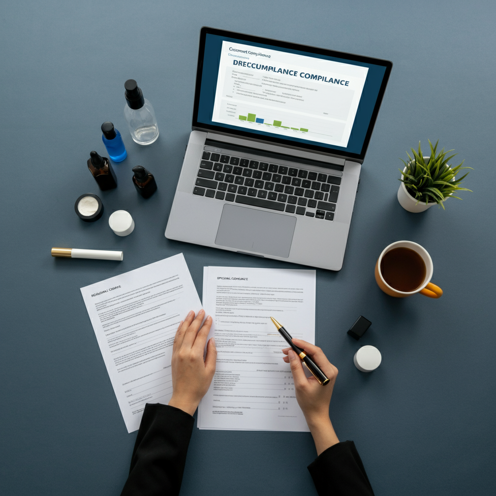 Key concept from 7 cosmetic industry regulations Amazon and Shopify brands must know: professionals reviewing cosmetic compliance documents and products in a UK office.