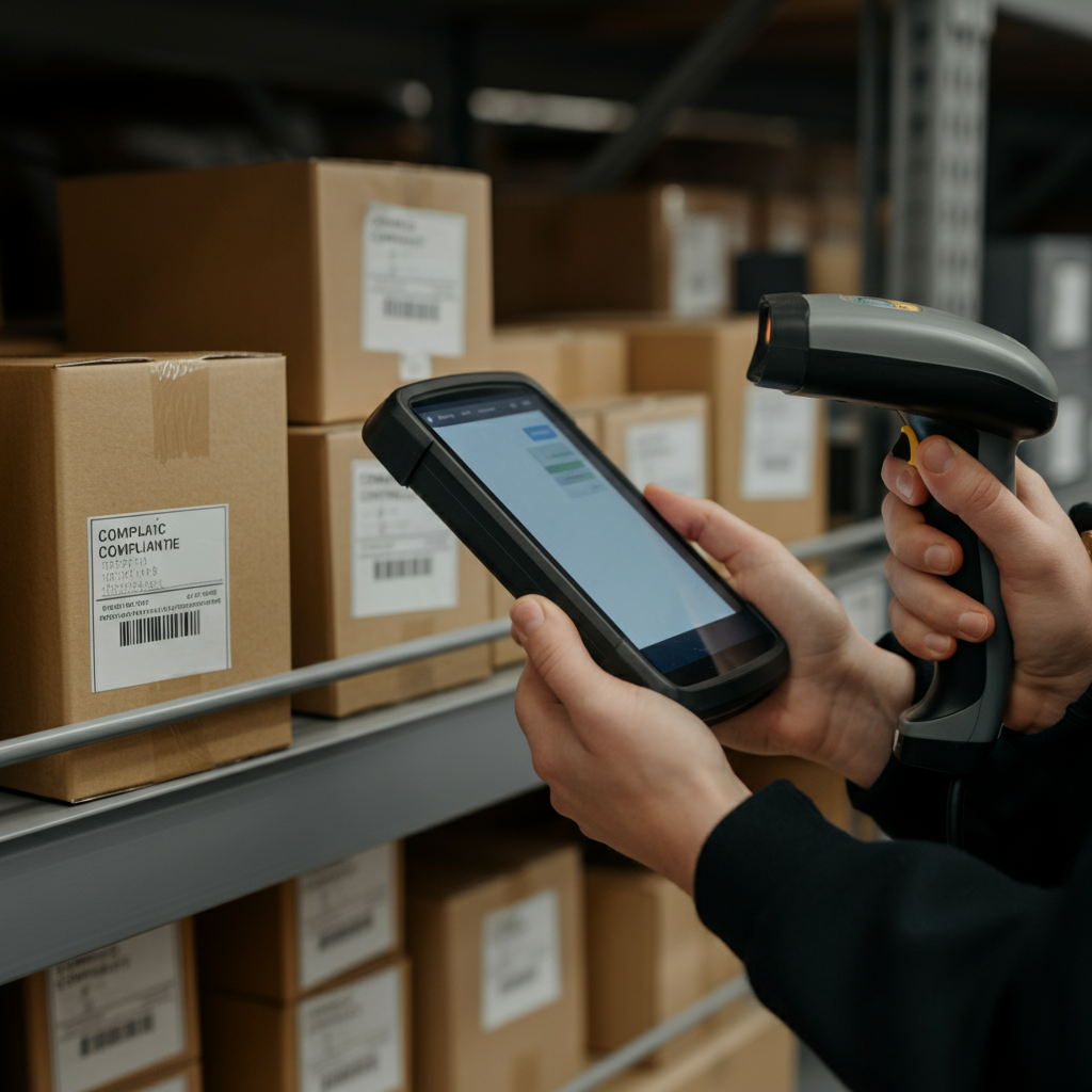 Hands scan a barcode on a compliant cosmetics box in a UK warehouse, illustrating Regulation 1223 2009 EC customs checks.
