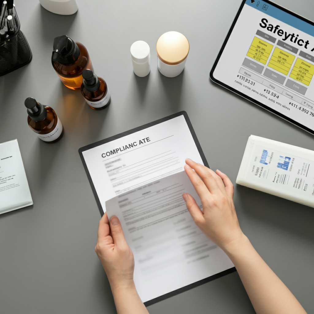 Overhead view of compliance paperwork and cosmetic products, illustrating Cpsr Cosmetics risk for indie beauty brands on Amazon.