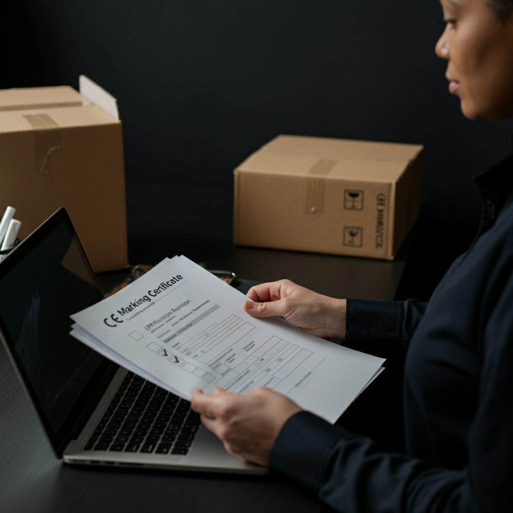Hands sorting CE Marking certificates and EPR registration forms at a UK office desk, illustrating compliance steps for Amazon sellers.