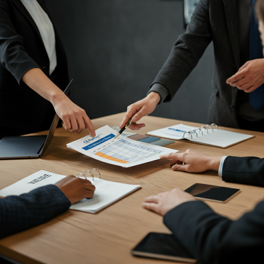 Hands collaborating over a CE Marking Cost comparison table and product samples in a modern office, representing Shopify brands' EU compliance planning for 2026.