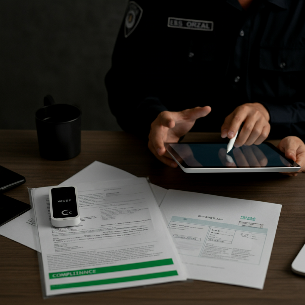 Hands verifying CE marking and WEEE labels on electronic products with compliance documents and a tablet in a modern warehouse workspace.