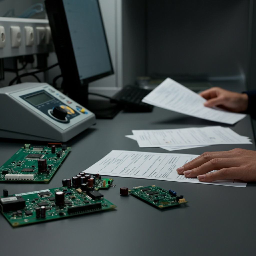 Hands arranging CE marking compliance paperwork and electronics components on a laboratory bench, illustrating 7 CE marking requirements in 2026.