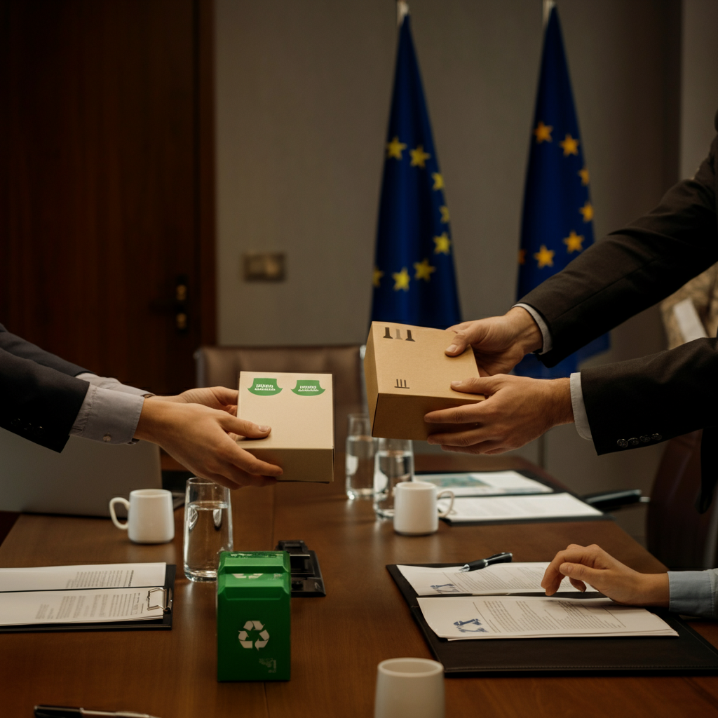 Collaborative review of Packaging And Packaging Waste Regulation steps, with hands passing eco-friendly packaging and compliance documents in a British office.