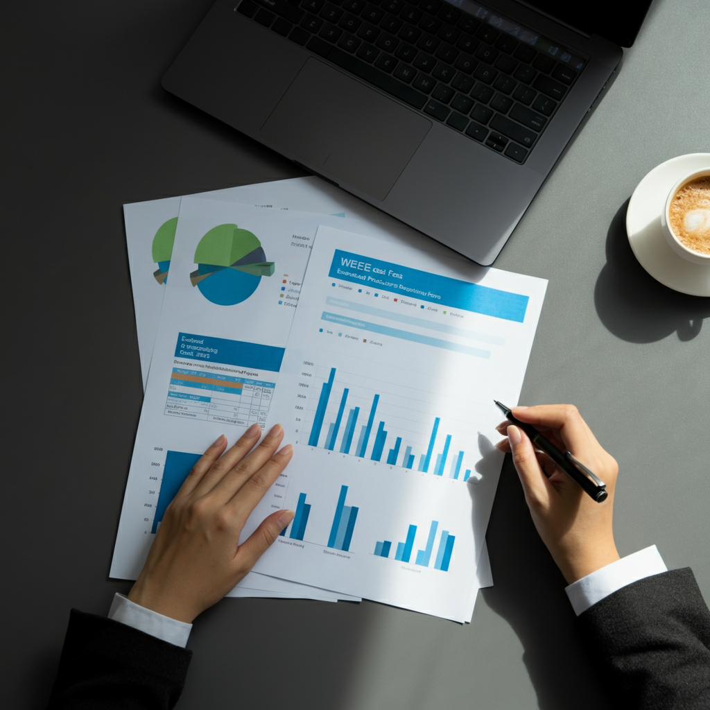 Overhead view of hands reviewing printed EPR fee and compliance cost reports for 2026, with calculator, coffee cup, and closed laptop.