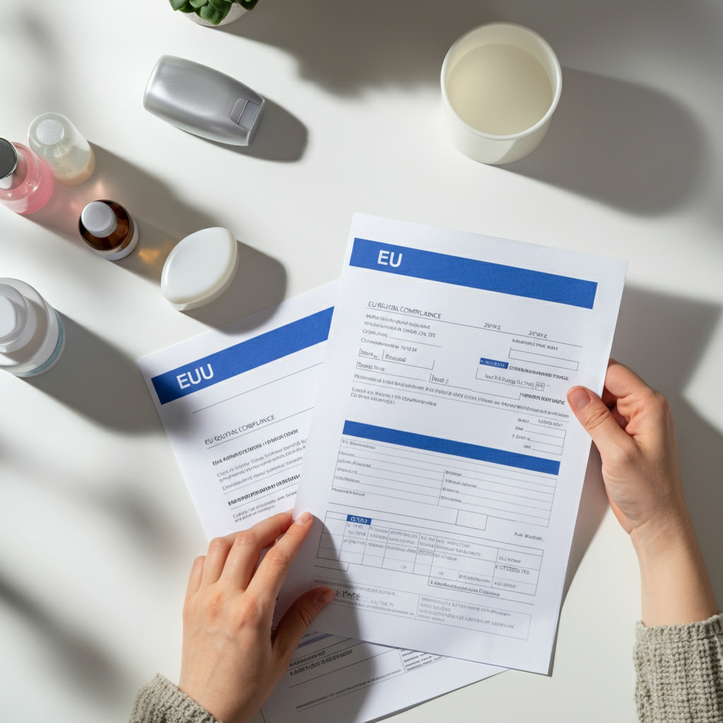 Team members reviewing printed EU cosmetic regulation documents and packaging, highlighting cross-compliance for DTC brands.