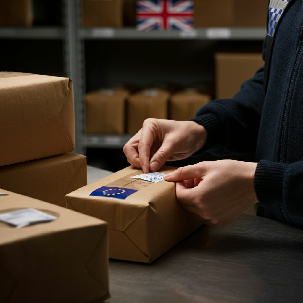Close-up of hands applying EU labeling-compliant label to product packaging, demonstrating key requirements for Shopify and eBay sellers in 2026.