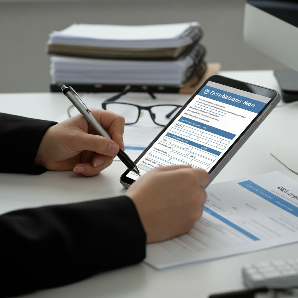 Hands reviewing EPR registration documents and a digital form in a British electronics office, emphasizing the urgency of compliance and penalty avoidance.