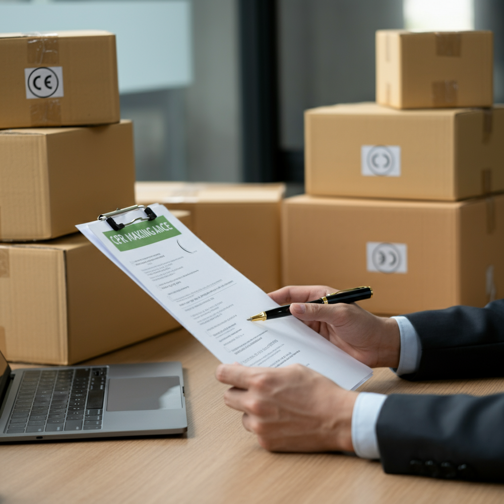 Hands pointing to EPR compliance paperwork and CE-marked packaging in a UK warehouse, illustrating 2026 Amazon Europe requirements.