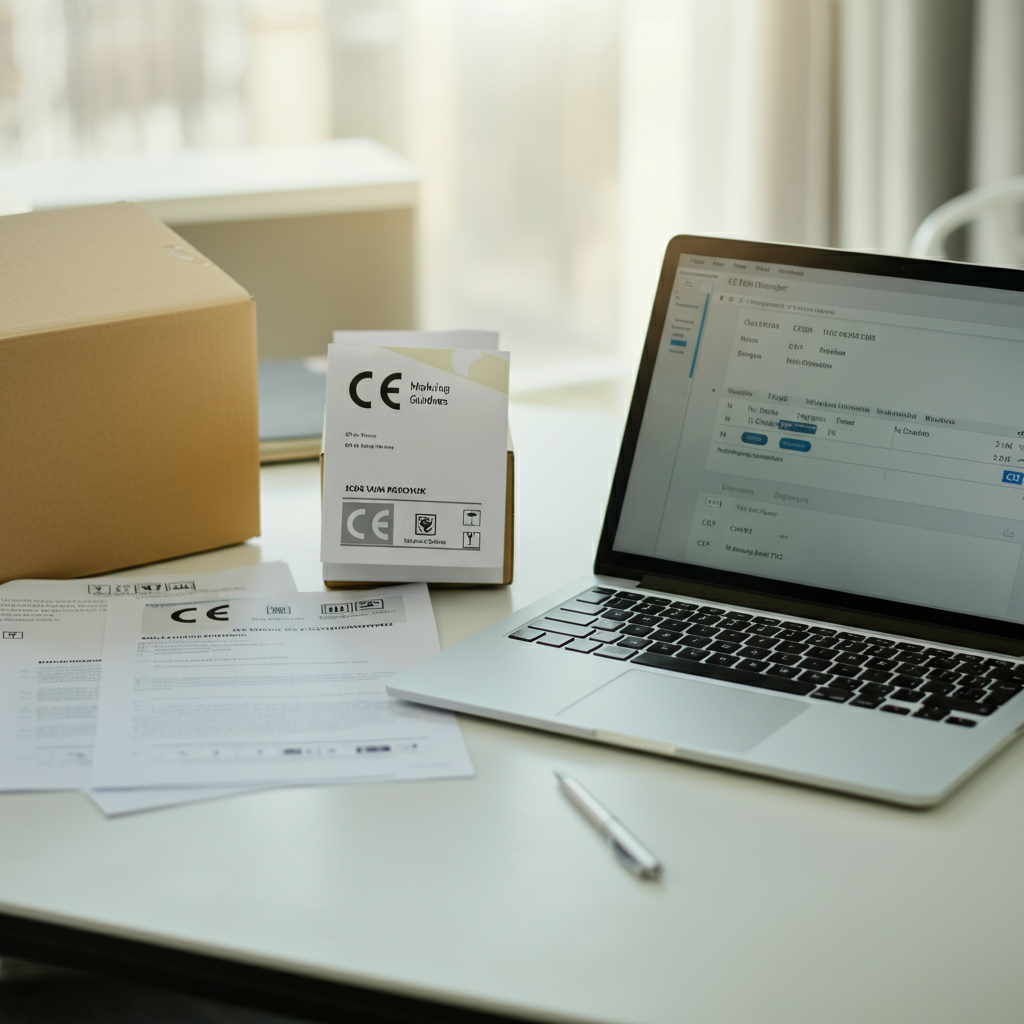 Office desk with CE Marking Requirements guidelines, product packaging with CE mark, and compliance software, highlighting UK post-Brexit compliance in 2026.