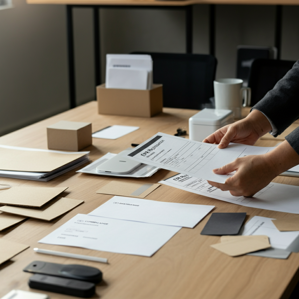 Hands reviewing packaging samples, electronics, and Epr Registration compliance documents for French Amazon sellers on a modern meeting room table.