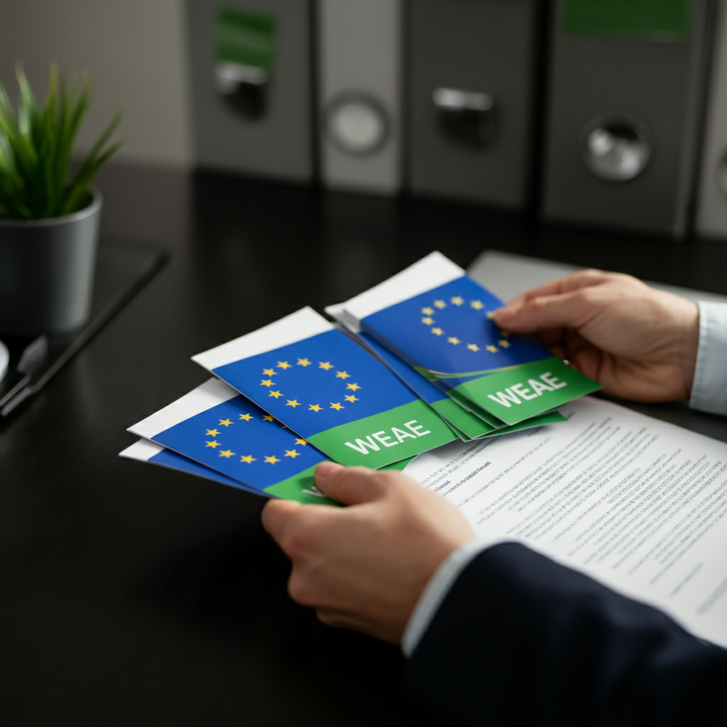 Business professionals' hands reviewing WEEE compliance registration forms and EU paperwork, with recycling bins visible, highlighting the EU Responsible Person's duties.