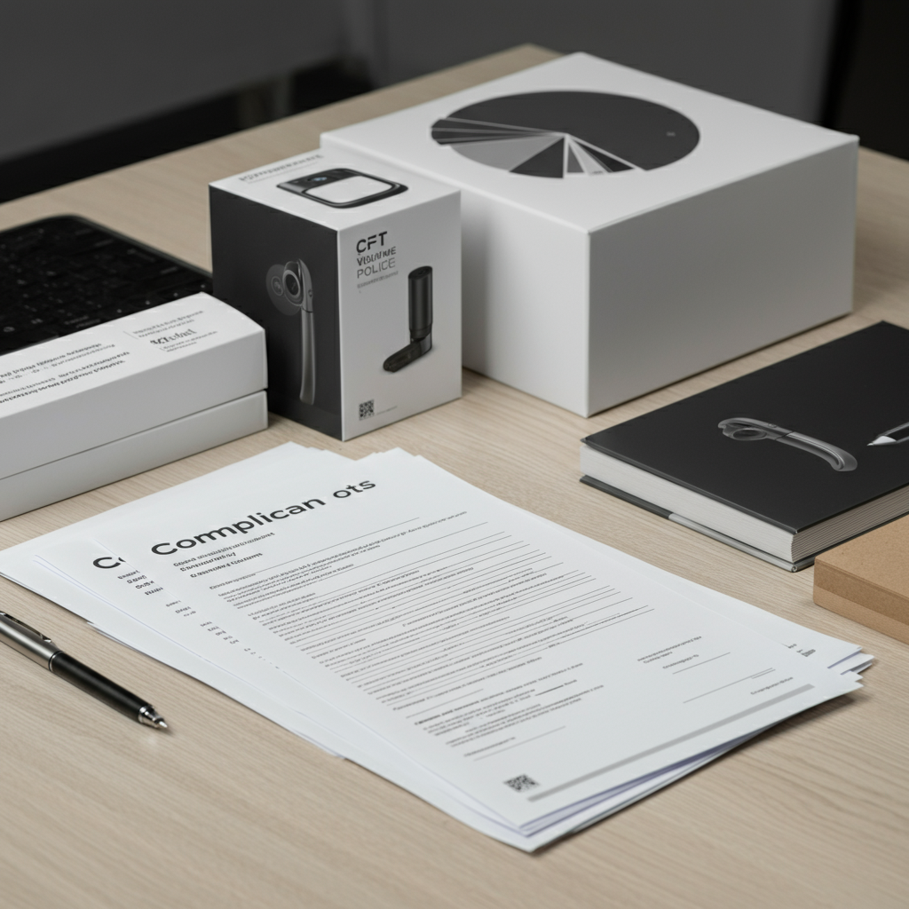 Workspace with German electronics, CE Marking and RoHS compliance paperwork, and eco-friendly packaging materials.