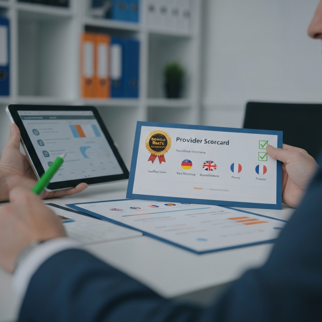 Close-up of a single B2B data provider scorecard being evaluated on a British office desk, showing verification depth score, bounce rate guarantee badge and UK, US, Germany, France country flag indicators — amazon seller directory provider evaluation