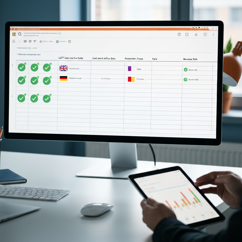 Spreadsheet view of a verified B2B email contact list with SMTP-verified green tick badges last-seen-active dates country flags and role-based email indicators showing key checks when vetting an amazon sellers email list