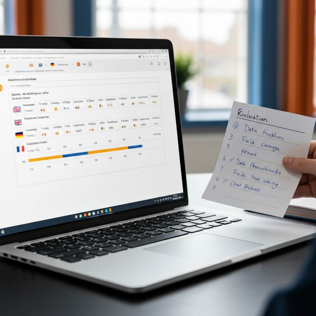 Close-up of a data provider evaluation matrix on a laptop screen showing Amazon seller database records with country flags, verification status icons, and a printed rubric with handwritten quality scores