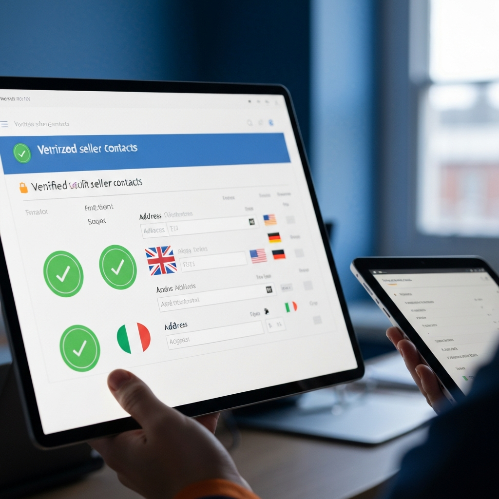 A close-up screen view of a verified amazon seller list spreadsheet with green tick verification badges, country flags, and address fields, viewed in a British office setting.