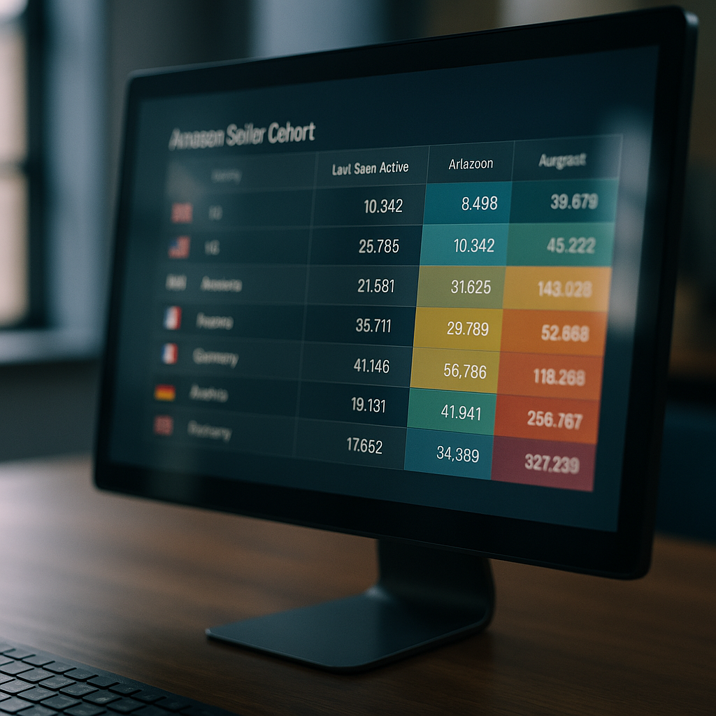 Close-up of a colour-coded Amazon seller-cohort table with country of origin and last-seen-active date columns on a designer's screen