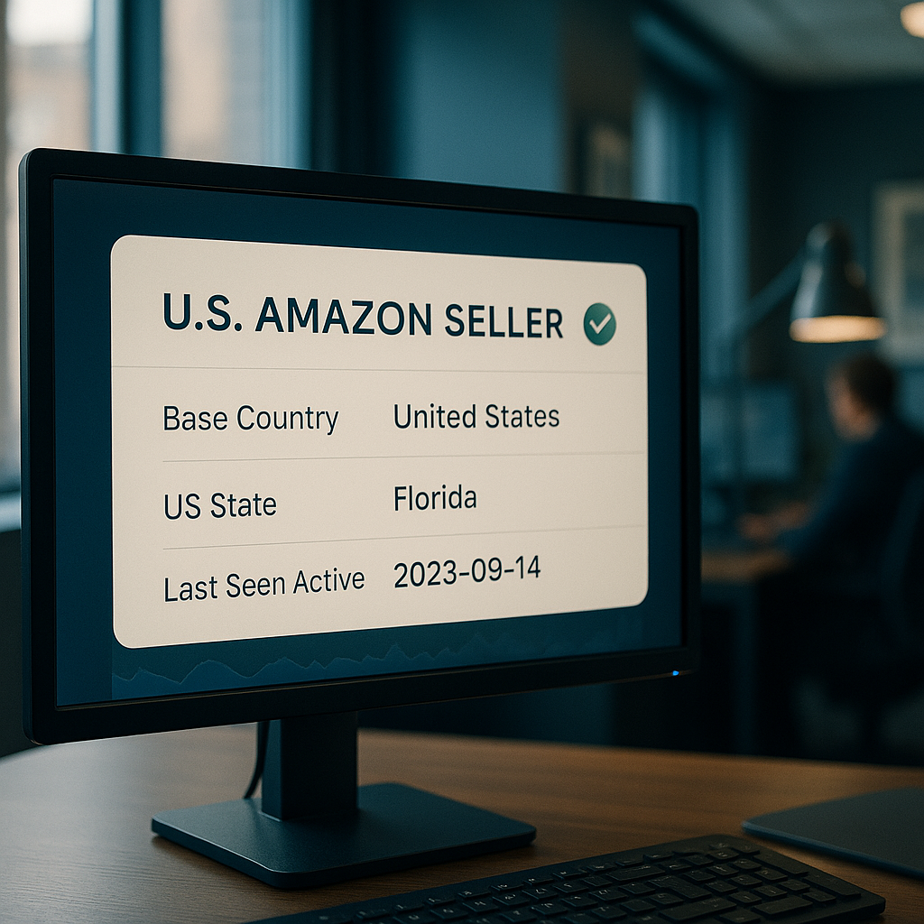 Close-up of a verified US Amazon seller record card on a desk screen displaying base-country, US state and last-seen-active fields alongside a verification tick