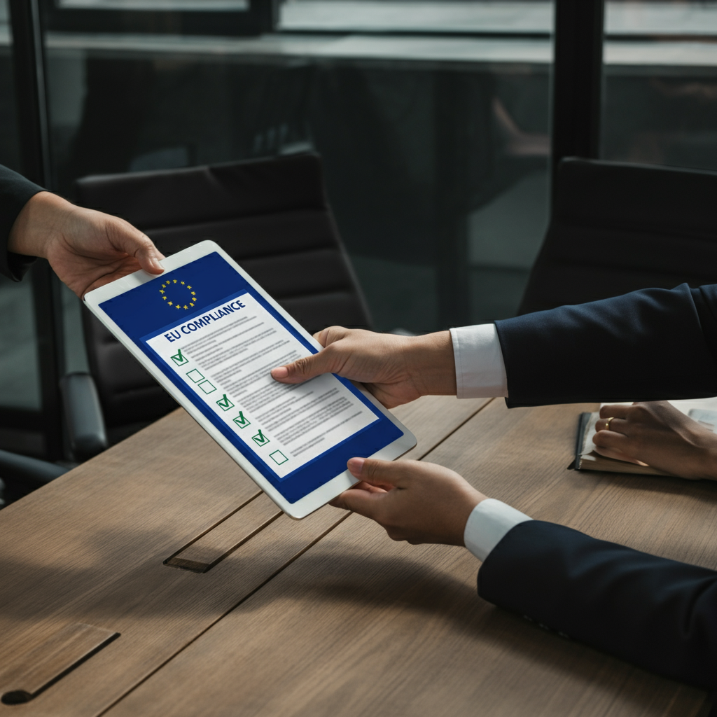 Hands exchanging an EU compliance agreement and checklist in a modern office, illustrating the process to Appoint Representative for Amazon and eBay sellers.