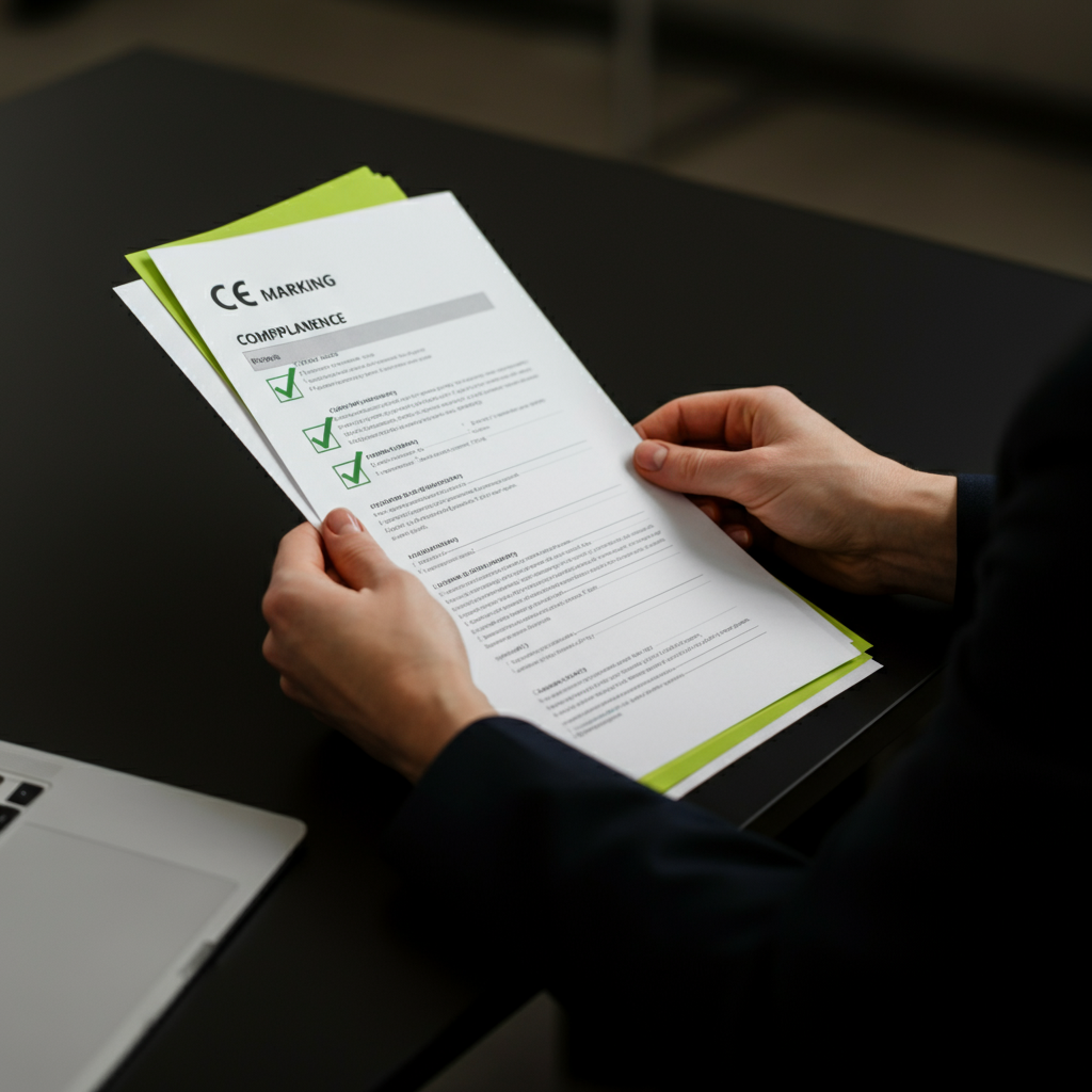 Hands arranging CE marking compliance documents and checklists on a desk, highlighting key paperwork for EU authorised representatives in 2026.