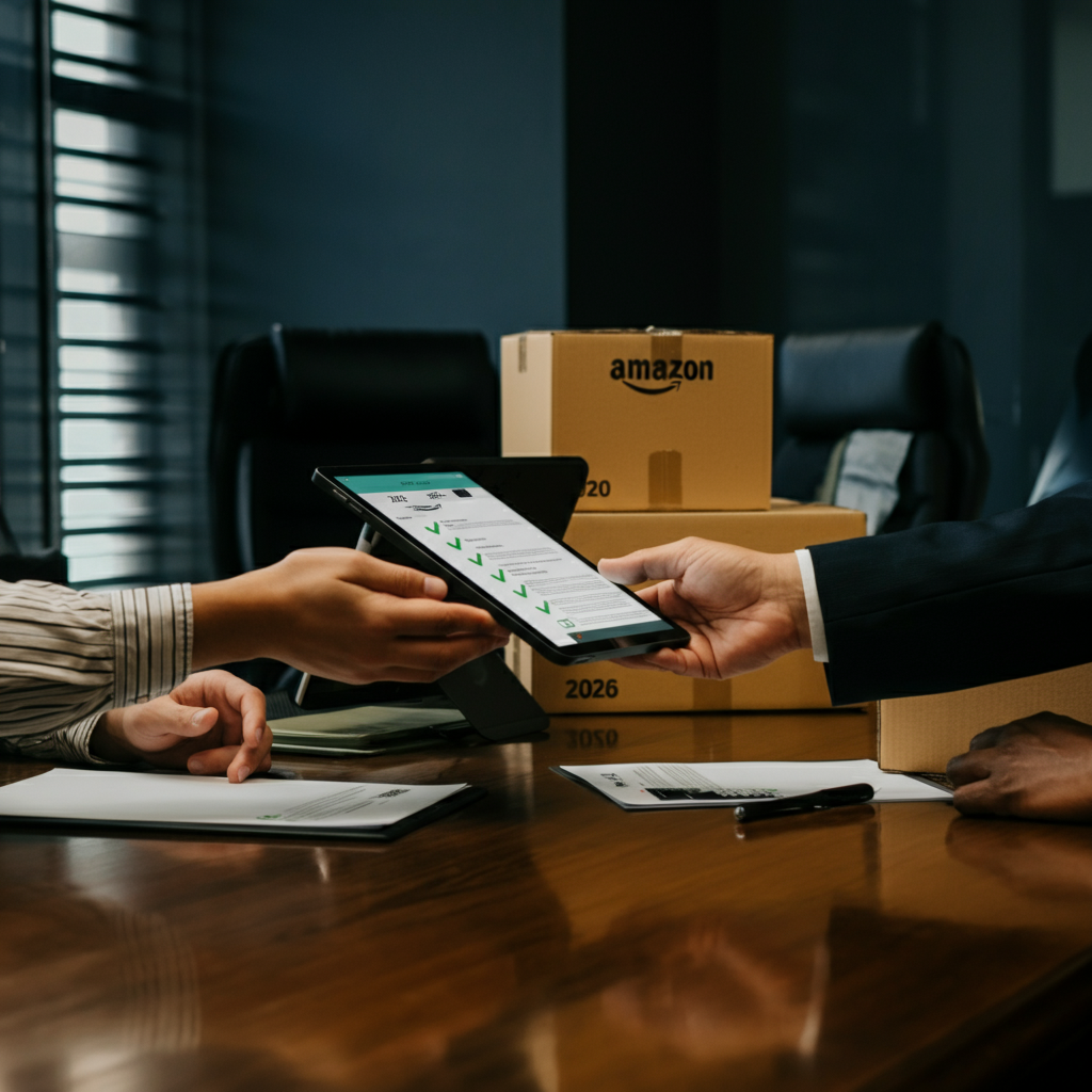 Hands exchanging compliance checklists and digital tablets in a UK office, highlighting Contact A Seller Amazon and 2026 FBA penalty avoidance.