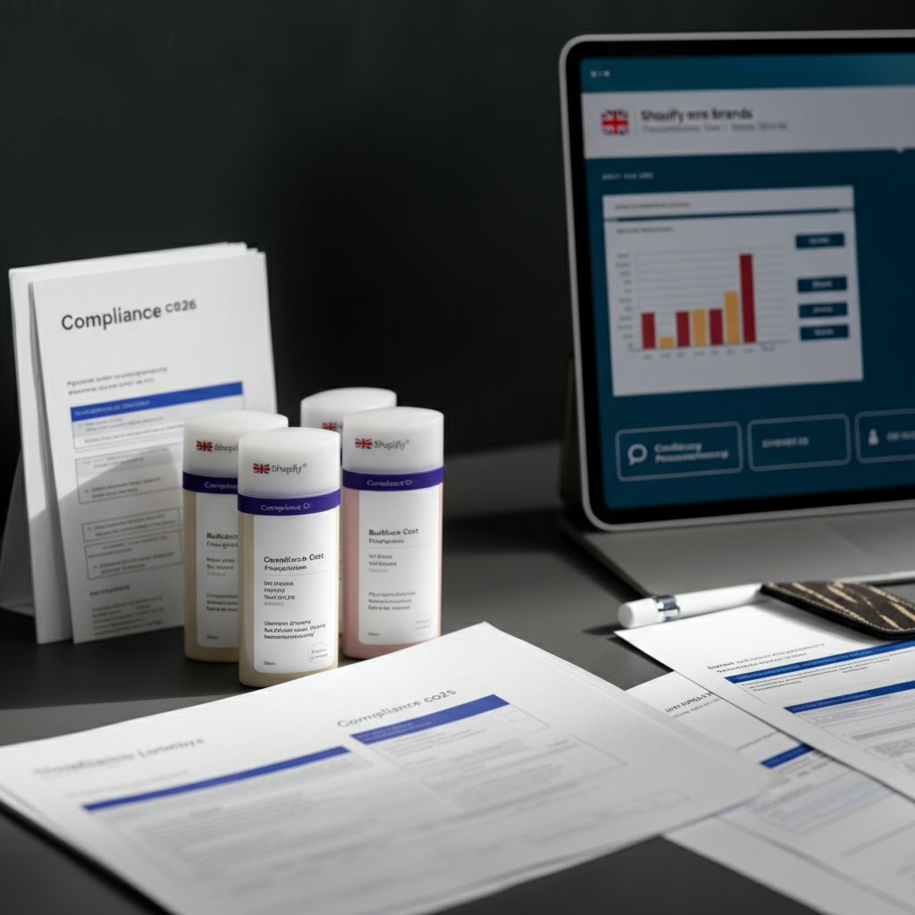 Compliance forms and cosmetic product samples with a tablet showing cost analytics for Shopify beauty brands' Cosmetic Compliance in a UK office, 2026.
