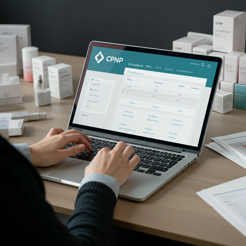 Hands typing on a laptop with the Cosmetic Products Notification Portal open, surrounded by cosmetic product packaging and compliance documents.