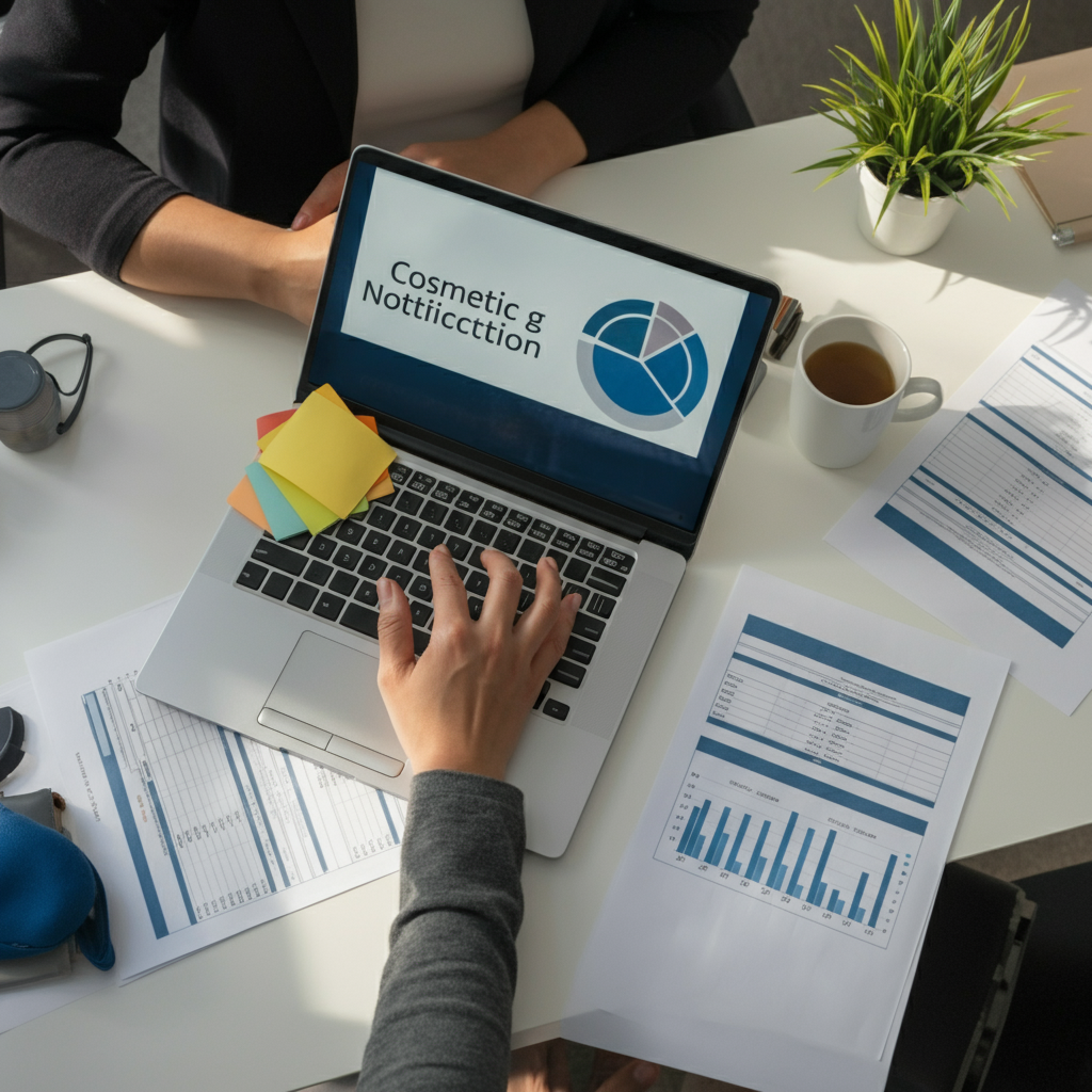 Overhead view of hands comparing Cosmetic Product Notification costs for Eldris and Biorius on a laptop and printed reports in a UK/EU compliance office.