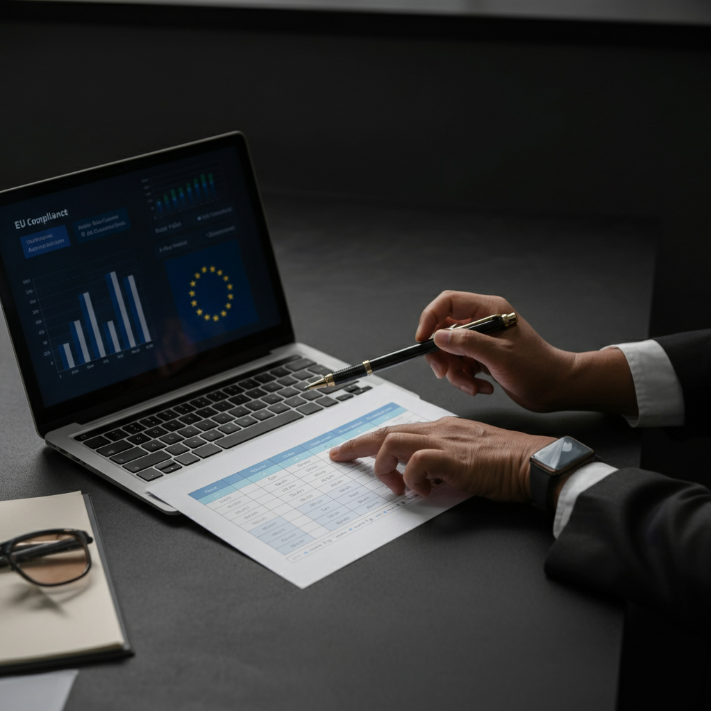 Professionals’ hands reviewing printed and digital [[Eu Compliance]] cost breakdowns for Eldris vs ComplianceGate in a UK office, focusing on 2026 decisions.