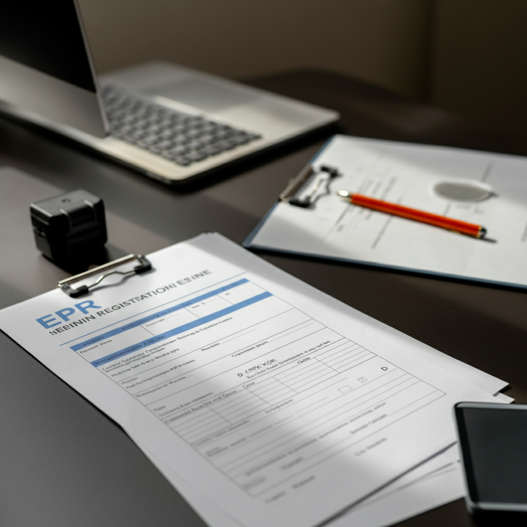 CE marking certificates and EPR registration documents displayed with electronic items and recycling symbols, highlighting compliance for Amazon Europe sellers.