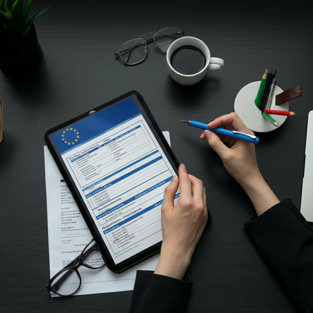 Overhead view of hands making notes on EU product safety compliance paperwork and GPSR guidelines, illustrating the appointment process for a GPSR Responsible Person.