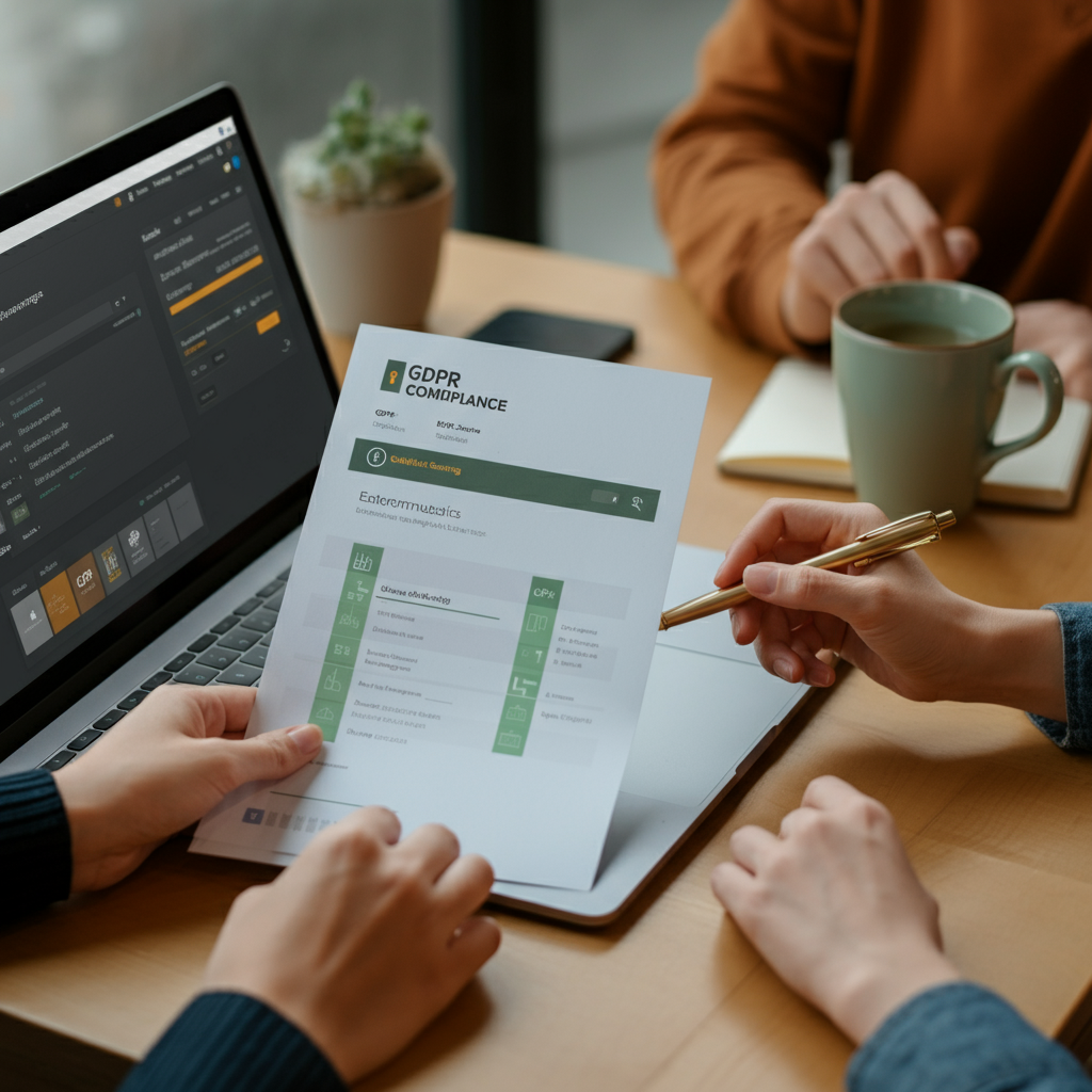 Hands collaborating over a GDPR compliance checklist and Amazon seller dashboard, illustrating How Do I Find A Seller On Amazon safely.