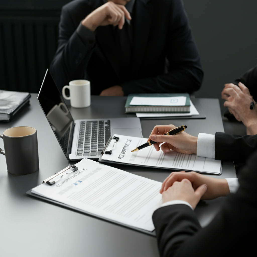 Manos en una oficina británica revisan documentos de cumplimiento de productos DTC y un portátil para el Reglamento de Vigilancia del Mercado 2019/1020.