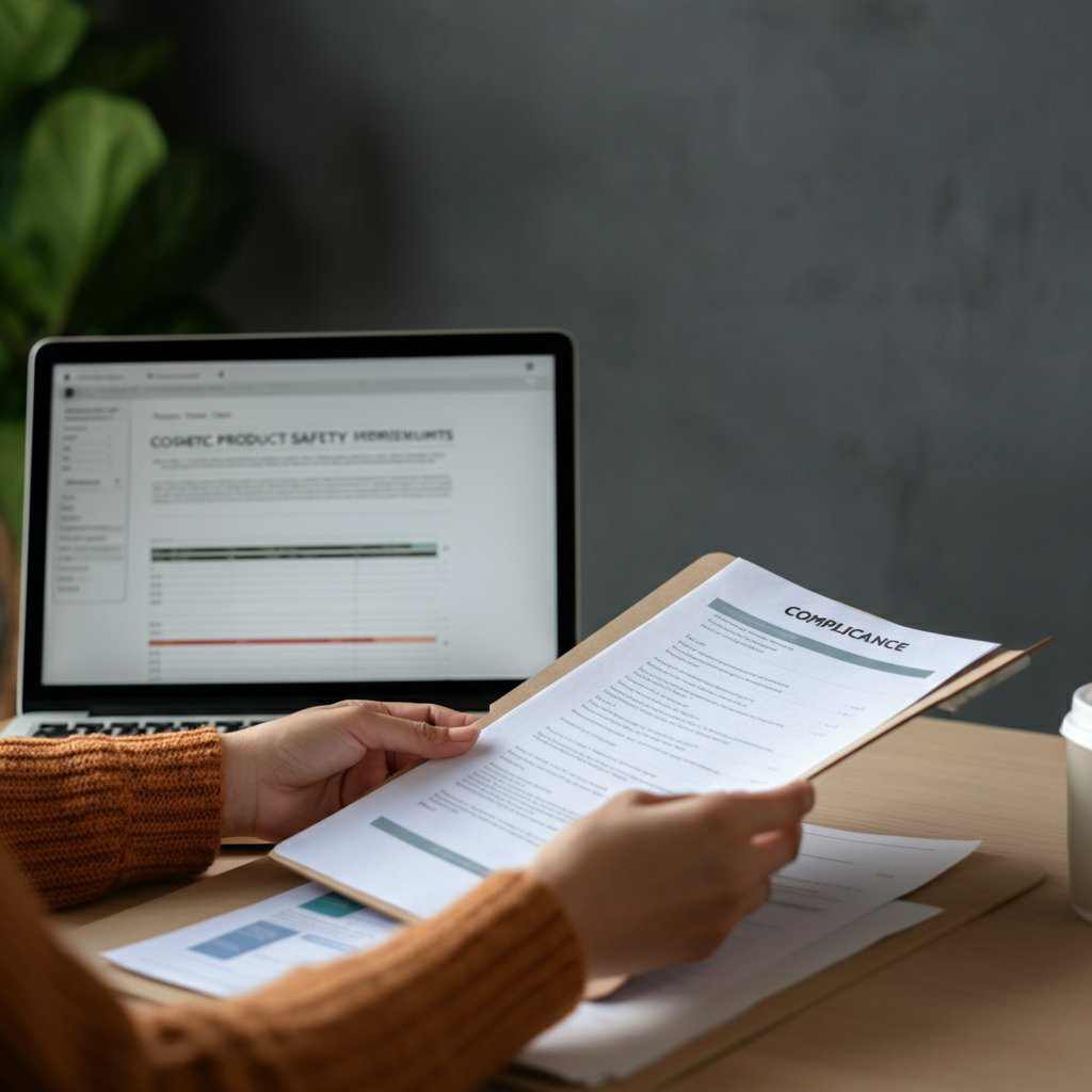 在英国办公室环境中，双手正在整理化妆品安全文件和PIF化妆品合规文件，旁边有化妆品瓶和一台笔记本电脑。