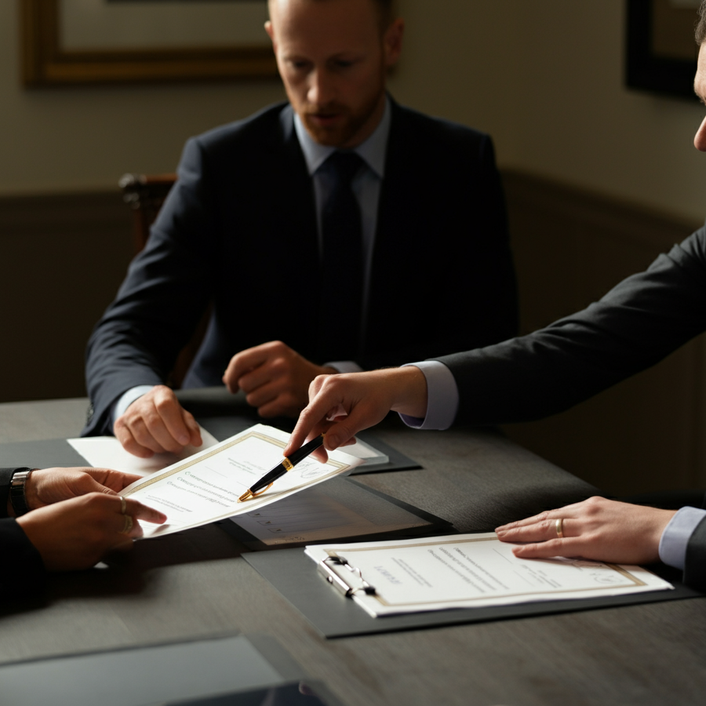 Un grupo de manos en una sala de reuniones de una oficina británica revisando carpetas y listas de verificación de cumplimiento de la UE, ilustrando la necesidad de los vendedores del Reino Unido de cumplir con el Reglamento de Vigilancia del Mercado.